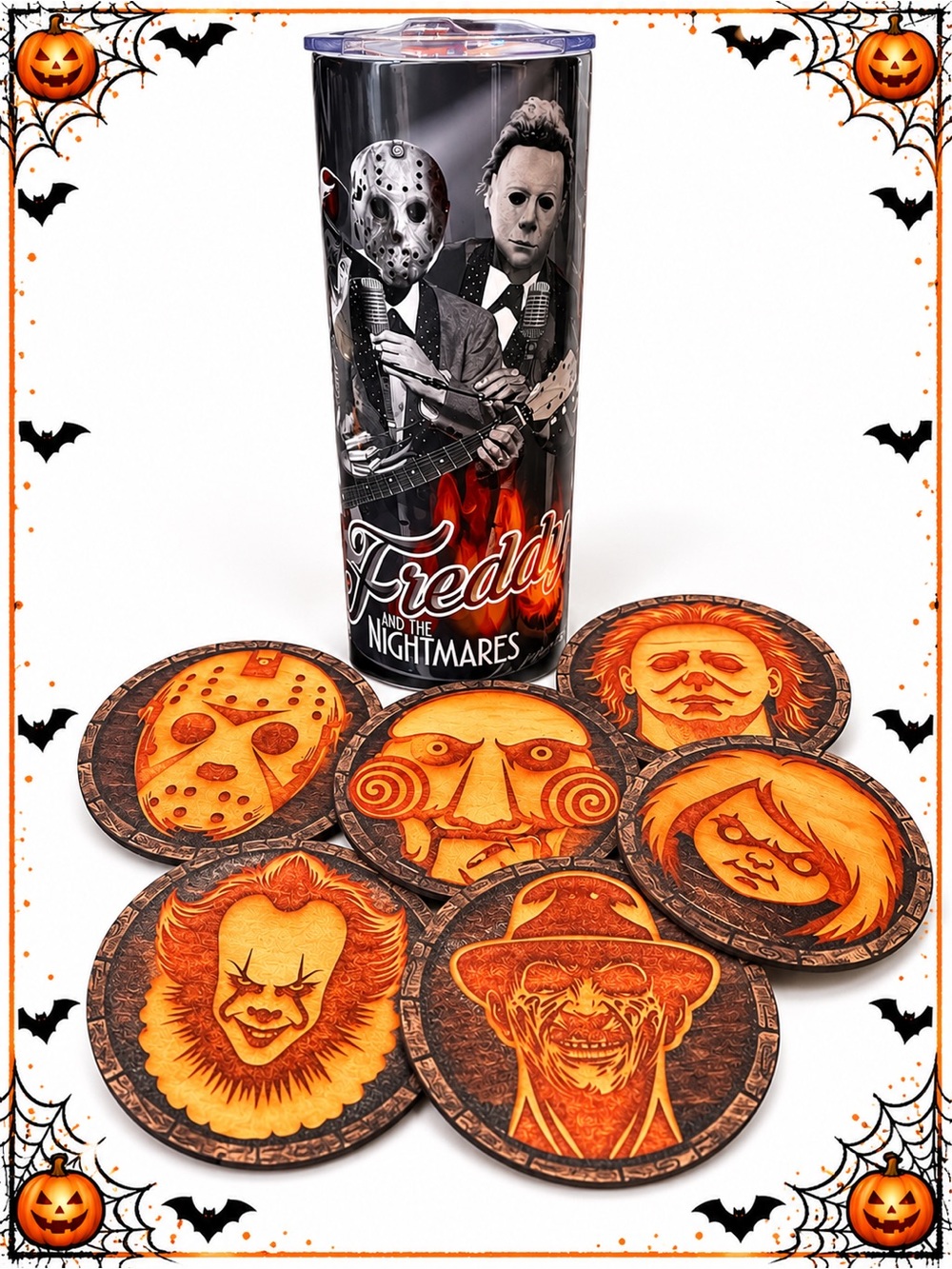 Freddy And The Nightmares Tumbler with Orange Horror Coasters